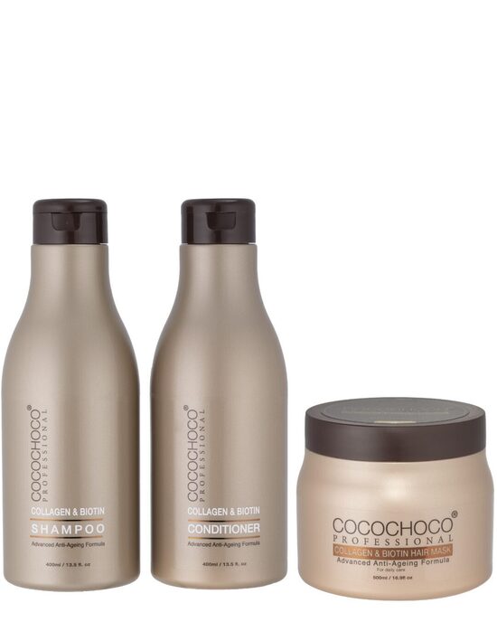 Kolagēna un biotīna pilnais matu kopšanas komplekts (Šampūns 400ml + kondicionieris 400ml + maska 500ml)